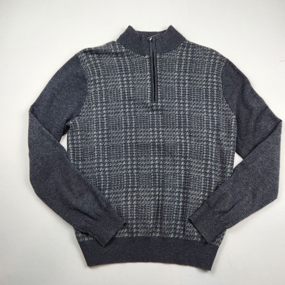 Toscana Houndstooth Mock Neck 1/4 Zip Sweater Men S Gray Ribbed Trim Merino Wool